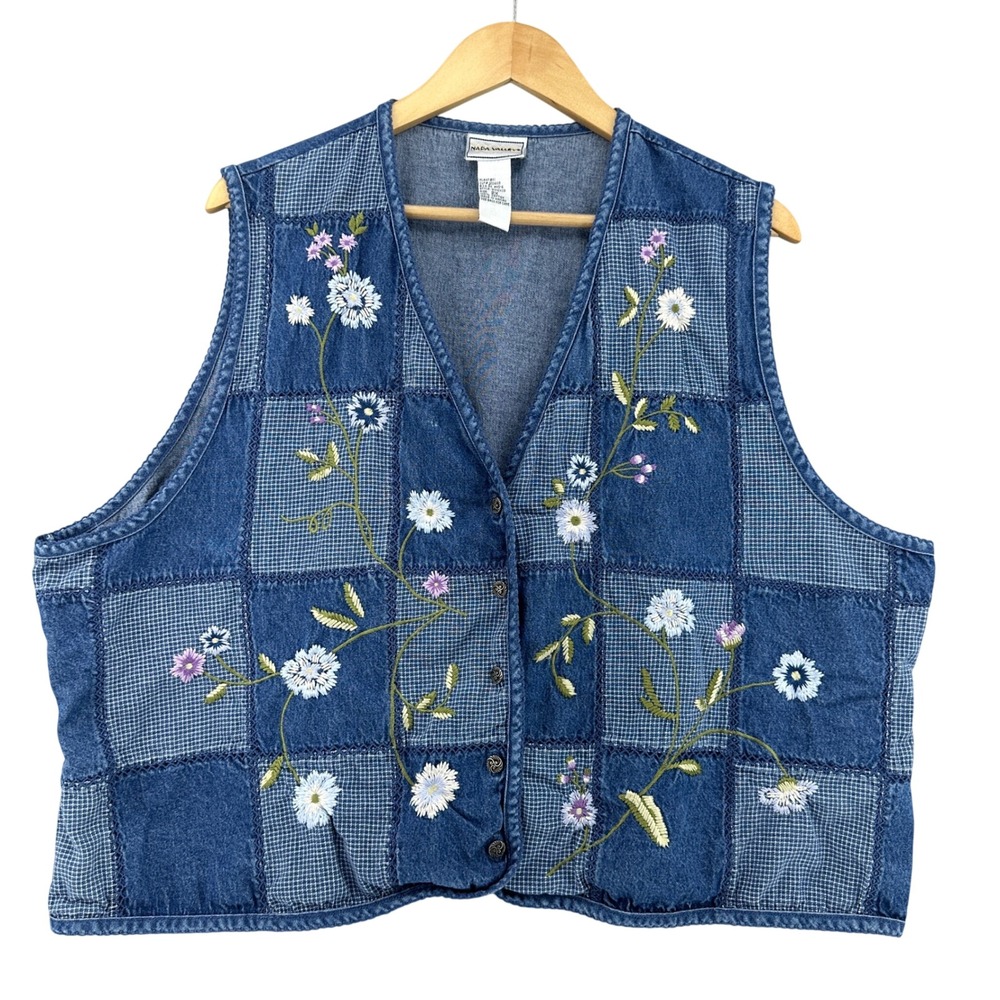 VTG Napa Valley Denim Vest Blue Patchwork Floral Embroidered Button Up  Plus 2X